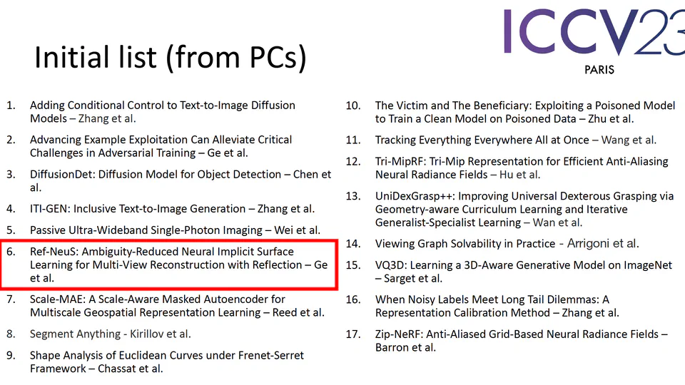 Our Paper “Ref-NeuS” Nominated for Best Paper at ICCV 2023